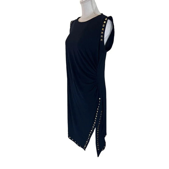 Soho Apparel Dress Petite Large Navy Gold Square Stud Accents Slit Stretch Knit - Picture 2 of 9